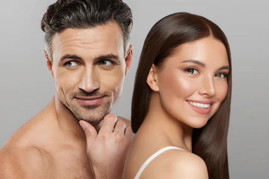 Aesthetics-Cosmetics-Doctor A handsome man and beautiful brunette woman stand against a gray background showing their smooth beautiful skin resulting from aesthetic and cosmetic care from Blessed Beauty Boutique in Greater Phoenix.