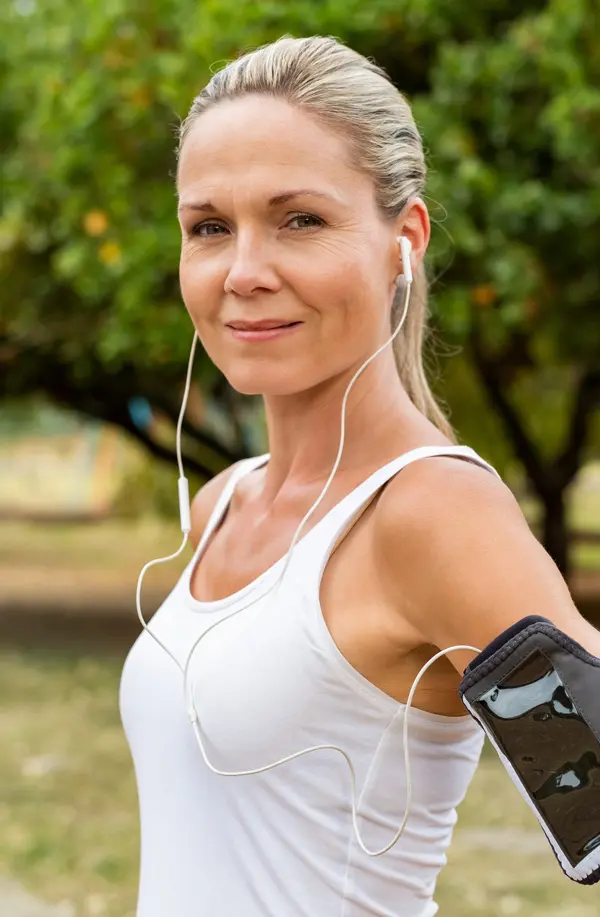 Bioidentical-Hormone-Pellet-Therapy-for-Women-Treaatment A middle-aged Caucasian woman jogging in a park, looking confident after receiving Bioidentical Hormone Pellet Therapy treatment by Blessed Beauty Boutique in Greater Phoenix.