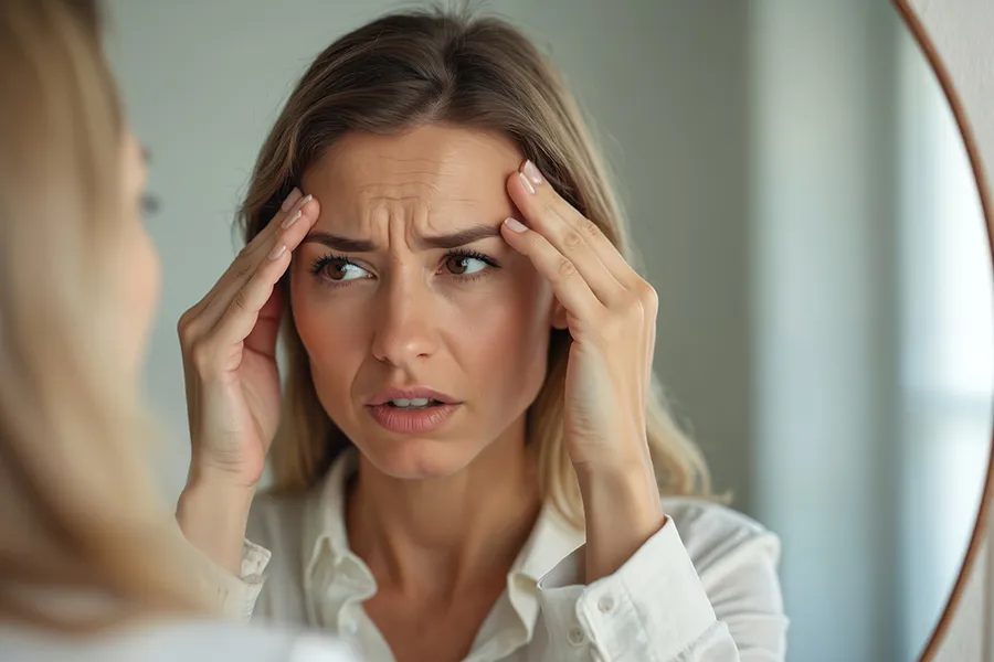 Daxxify-Frown-Line-Therapy-Clinic A woman looks anxiously in a mirror at her frown lines. Get Daxxify treatment for frown lines from Blessed Beauty Boutique in Greater Phoenix.