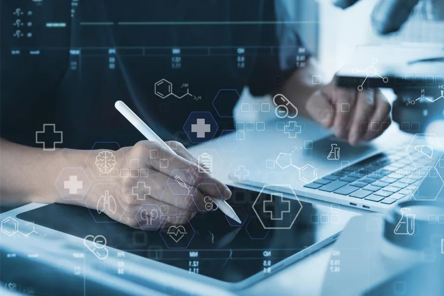 Health-Conditions-Treated-Doctor Close-up of a medical professional using a laptop and tablet, with illustrated medical symbols overlayed on the image, symbolizing health conditions treated by Blessed Beauty Boutique in Greater Phoenix.