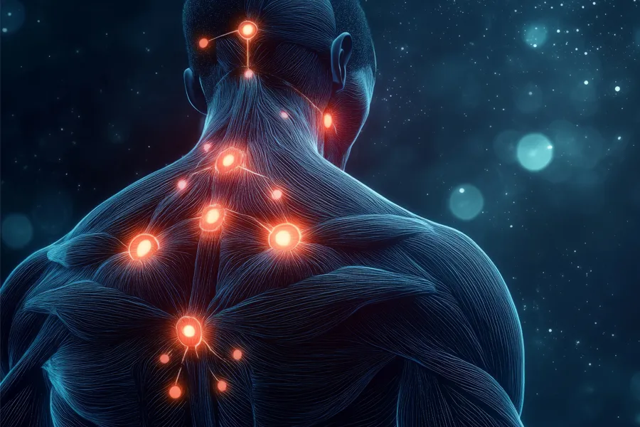 Trigger-Point-Therapy-Clinic 3D illustration of trigger points on a man's musculature. Get Trigger Point Therapy from Blessed Beauty Boutique in Greater Phoenix.