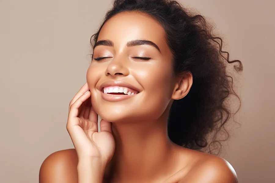 Versa-Fillers-Clinic A mixed-race woman with beautiful skin smiling. Get Versa filler treatments from Blessed Beauty Boutique in Greater Phoenix.